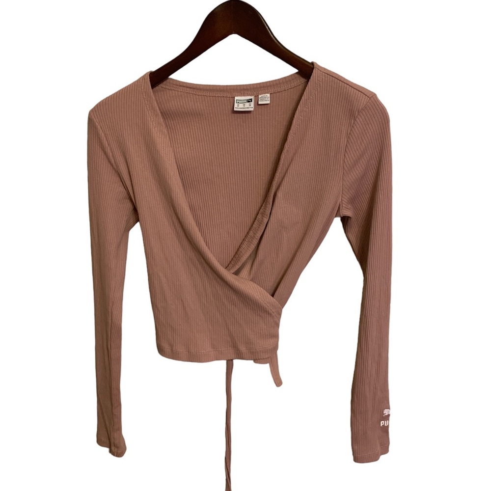 Puma ladies tan long sleeve faux wrap crop top